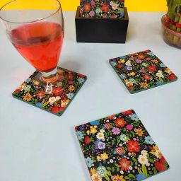 Crayton Multicolor Wooden Floral Printed Square Coasters with Holder - Set of 6-88