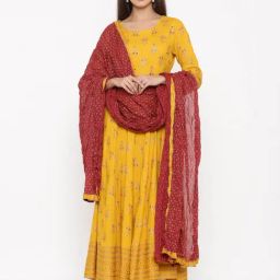 Kipek Mustard Yellow Rayon Printed Kurta with Dupatta-image-55