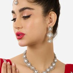 Zaveri Pearls Silver Tone Stones Necklace Earring & Maangtikka Set-ZPFK17572-45
