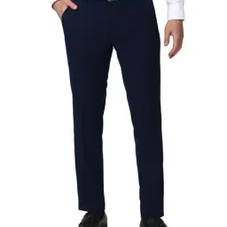 Peter England Elite Navy Slim Fit Flat Front Trousers-image-65