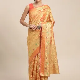 Blissta Orange Floral Print Kanjeevaram Saree With Unstitched Blouse-picture-17
