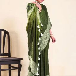 Satrani Dark Green Woven Saree With Unstitched Blouse-image-54