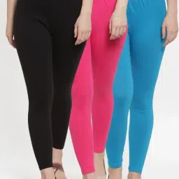 Gracit Black & Turquiose Mid Rise Leggings - Pack Of 3-image-3