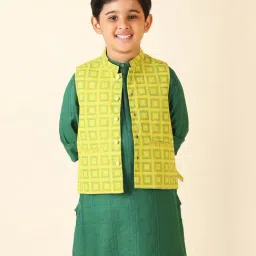Fabindia Kids Lime Green Printed Nehru Jacket-image-2