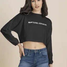 Moomaya Black Graphic Print Crop T-Shirt-image-35