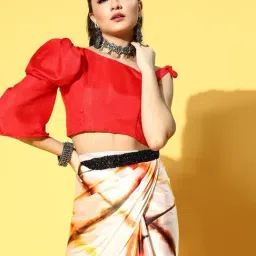 Blissta Cream & Red Chequered Saree With Unstitched Blouse image 5