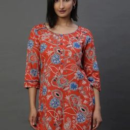 Aurelia Orange Cotton Printed Straight Short Kurti-image-56