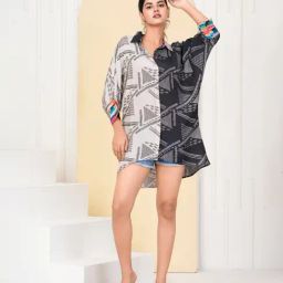 Kaftanize Cream & Black Abstract Striped Comfort Fit Shirt-image-10