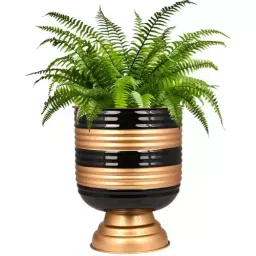 ORILEY Metal Flower Pot Grooved Round Cylindrical Planter 34 x 27 cm Black Stripes On Golden-image-25