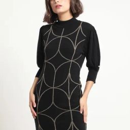 RAREISM Black Viscose Printed Three-Quarter Sleeves Sweater-17
