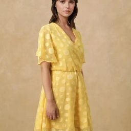 RAREISM Yellow Polyester Printed Short Sleeves Dress-image-37