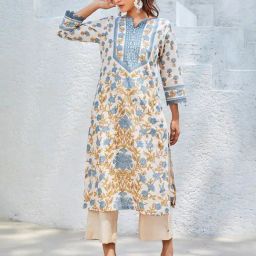 Biba Beige Cotton Floral Print Straight Kurta-image-28
