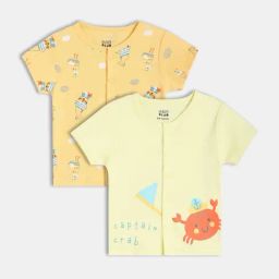MINIKLUB Yellow & Green Cotton Pack Of 2 Half Sleeves Cartoon Printed Front Open Vests-picture-8