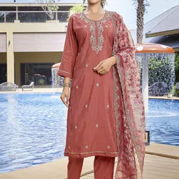 DIVASTRI Women Ethnic Motifs Embroidered Regular Sequinned Chanderi Silk Kurta with Trousers & With Dupatta-image-90