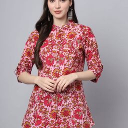 BAESD Floral Print Mandarin Collar Roll-Up Sleeves Ethnic Cotton Top-image-82