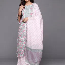 Libas Floral Printed Notch Neck Cotton Straight Kurta With Palazzos & Dupatta-24