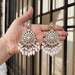 Anouk Gold-Plated Artificial Stones Studded & Beaded Floral Shaped Drop Earrings-6