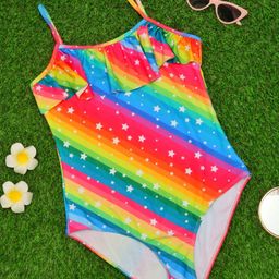 Yellow Bee Rainbow Sleeveless One Piece Swimsuit with Ruffle Neckline - Multi Colour-image-45