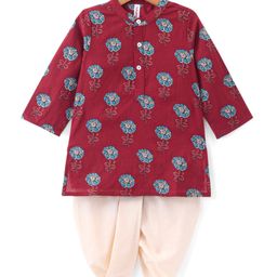 Babyhug 100% Cambric Full Sleeve Printed Kurta With Solid Dhoti Set - Maroon-image-85
