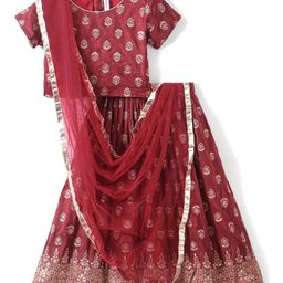 Babyhug Short Sleeve Chanderi Butti Lehenga Choli And Dupatta Set- Maroon.-picture-13