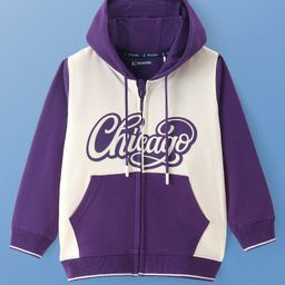 Pine Kids Cotton Knit Full Sleeves Front Open Hooded Sweatjacket with Text Print & Kangaroo Pockets - Purple-image-104