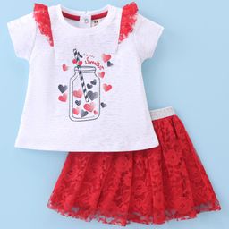 ToffyHouse 100% Cotton Knit Half Sleeves Hearts Printed Top & Woven Skirt Set With Floral Mesh Detailing - White & Red-picture-14