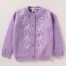 Yellow Apple Viscose Knitted Full Sleeves Front Open Sweater With Floral Embroidery - Lilac-image-67