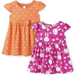 Babyhug Single Jersey Knit Cap Sleeves Polka Dots & Bunny Printed Frocks with Bow Applique Pack of 2- Dark Pink & Orange-image-92
