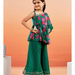 Vastramay Chiffon One Shoulder Floral Printed & Lace Embellished Kurta & Sharara Set - Green-image-27