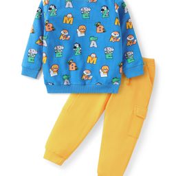 Babyhug Terry Knit Full Sleeves T-Shirt & Lounge Pant Set With Animal Print - Blue & Yellow-image-8