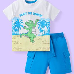 Babyhug Single Jersey Knit Half Sleeves T-Shirt & Shorts Set With Dino Print - White & Blue-image-121