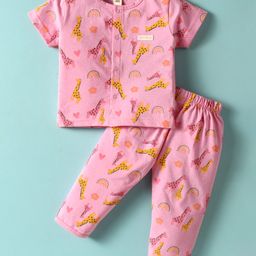 ToffyHouse Cotton Knit Half Sleeves Co-ords Night Suit With Animal Print - Pink-image-25