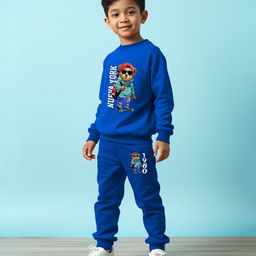 Trampoline Cotton Blend Full Sleeves Teddy Bear Printed Tee With Track Pants Set - Blue-image-11