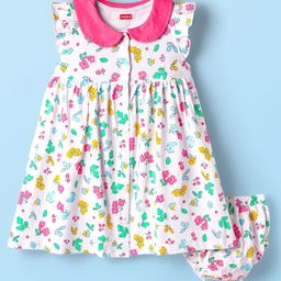 Babyhug Single Jersey Knit Frill Sleeves Peter Pan Collar & Front Open Frock With Bloomer Floral Print - White-image-62
