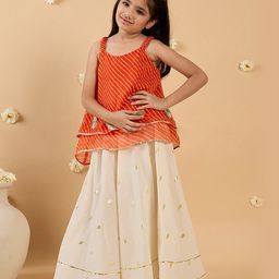 Pspeaches Georgette Sleeveless Leheriya & Leaves Foil Printed Top & Palazzo Set - Red & White-image-14