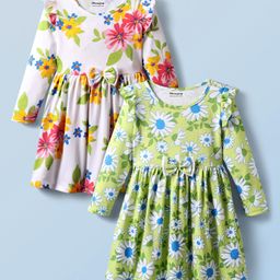 Honeyhap Premium Cotton Knit Full Sleeves Frocks With Floral Print & Bow Applique Pack Of 2 - Wild Lime & Bright White-image-20