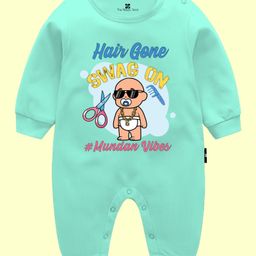 The Peppy Tend 100% Cotton Mundan Theme Full Sleeves Hair Gone Swag On Text Printed Romper - Sea Green-image-79