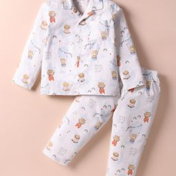 Mini Taurus Interlock Knit Full Sleeves Co-Ord Night Suit With Animal Print - Off White-image-52