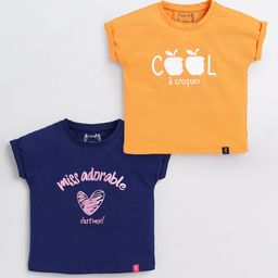 giniekids Cotton Knit Pack Of 2 Half Sleeves Typography Printed Tops - Matte Gold & Navy Blue-image-15