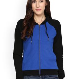 Hypernation Women Blue & Black Solid Hooded Sweatshirt-14