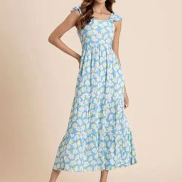 Moomaya Blue & Yellow Floral Print Midi Dress-image-100