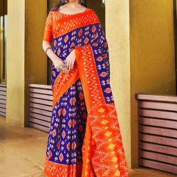 Satrani Blue & Orange Cotton Printed Saree With Unstitched Blouse-image-54
