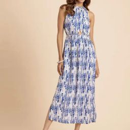 Moomaya Blue & White Printed Midi Dress-1