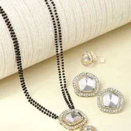 OOMPH Gold Kundan Mangalsutra Set With Ring Indo-Western Look Contemporary Shape-image-23