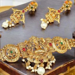 OOMPH Gold Goddess Laxmi ChokerTemple Theme Necklace Set-29