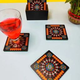 Crayton Black Wooden Geometric Printed Square Coasters with Holder - Set of 6-39