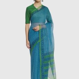 FabBasics by Fabindia Blue Cotton Silk Printed Saree-image-1