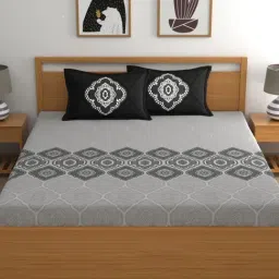 Dreamscape Ethnic Dark Grey 140 TC Cotton King Fitted Bed Sheet with 2 Pillow Covers-picture-34