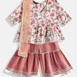 READIPRINT FASHIONS Kids Cream & Peach Floral Print Kurta With Sharara-image-60
