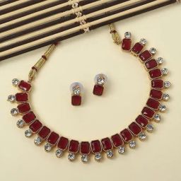 OOMPH Ruby Maroon Jadau Ethnic Choker Necklace Set For Women-37
